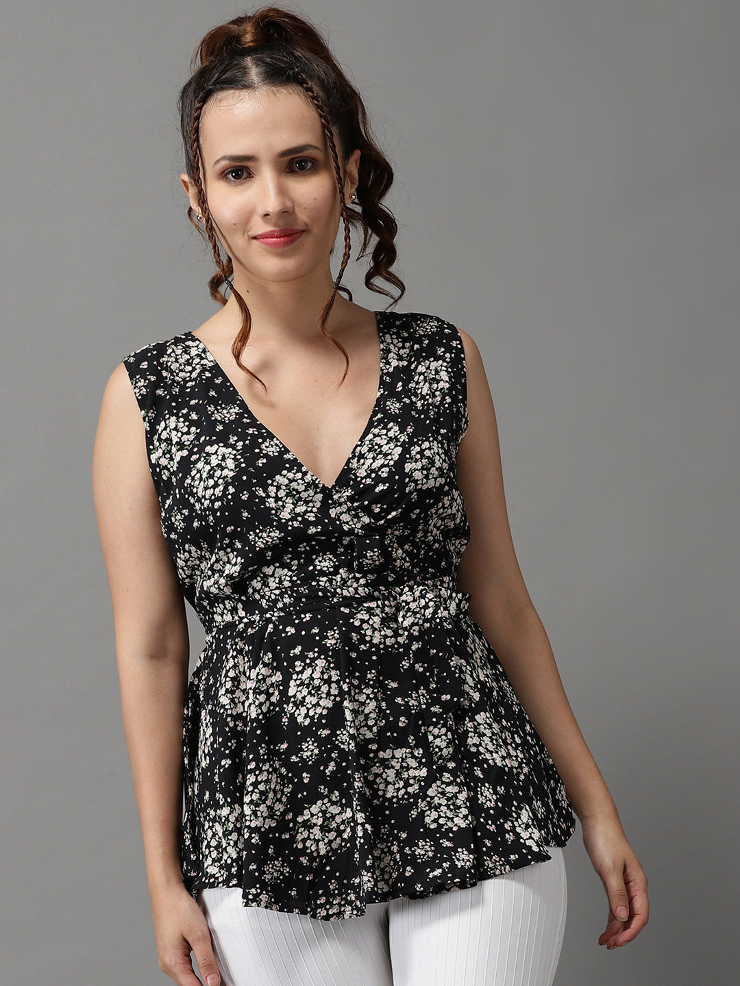 Women's Black Printed Peplum Top