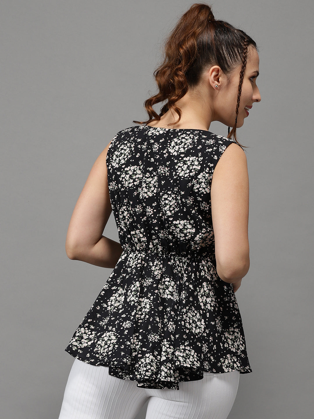 Women's Black Printed Peplum Top