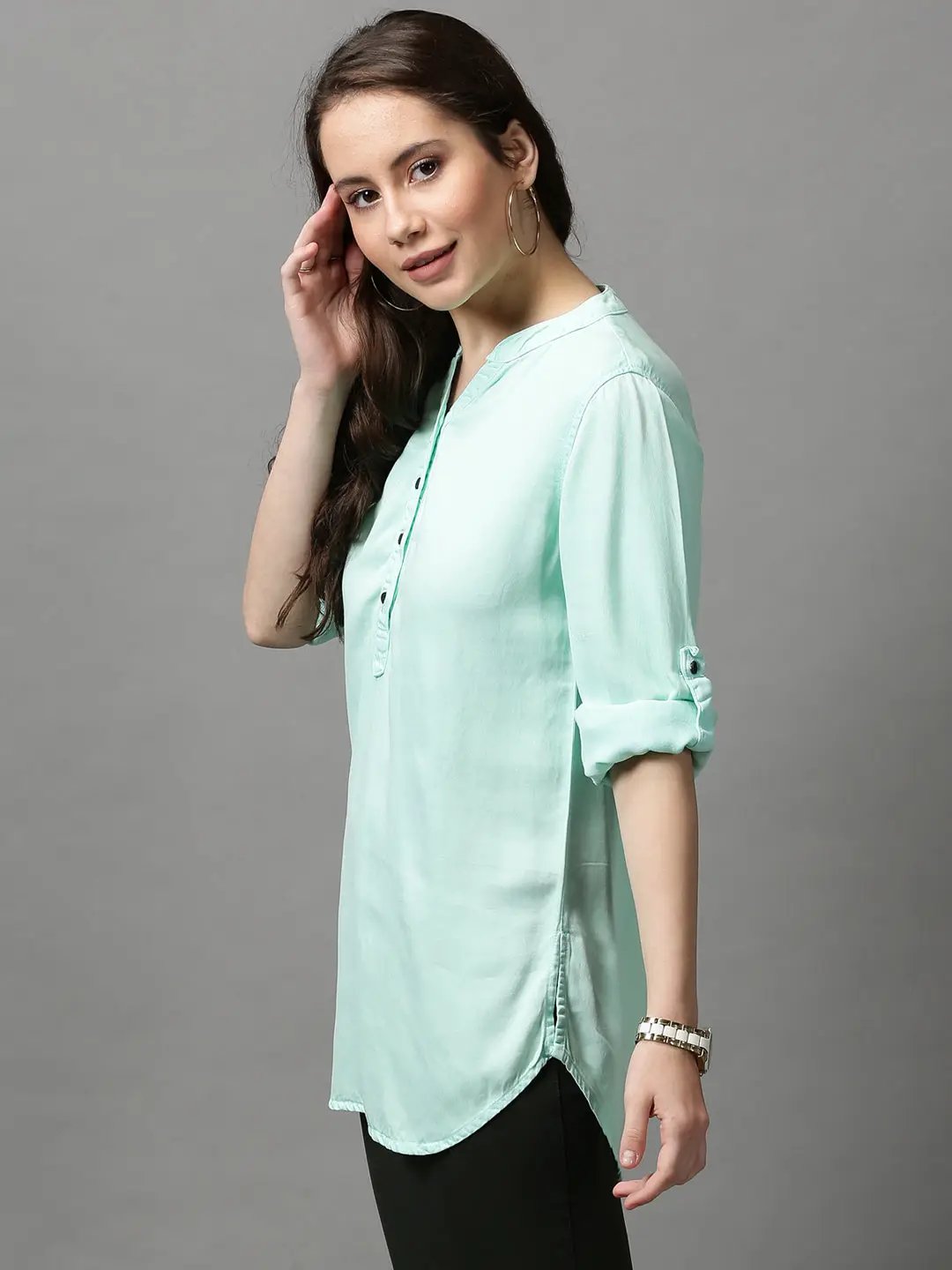 Women's Green Roll-Up Sleeves Shirt Style Top - from SHOWOFFFF