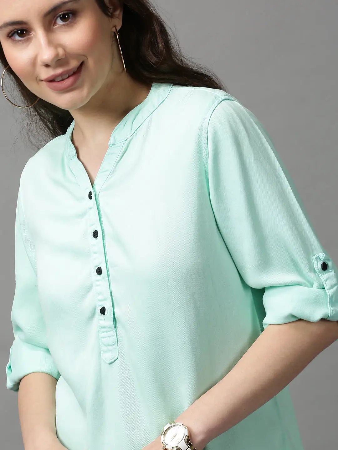 Women's Green Roll-Up Sleeves Shirt Style Top - from SHOWOFFFF