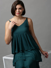 Women's Green Solid Layered Crepe Empire Midi Dress