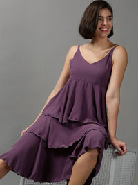 Women's Violet Solid Layered Crepe Empire Midi Dress