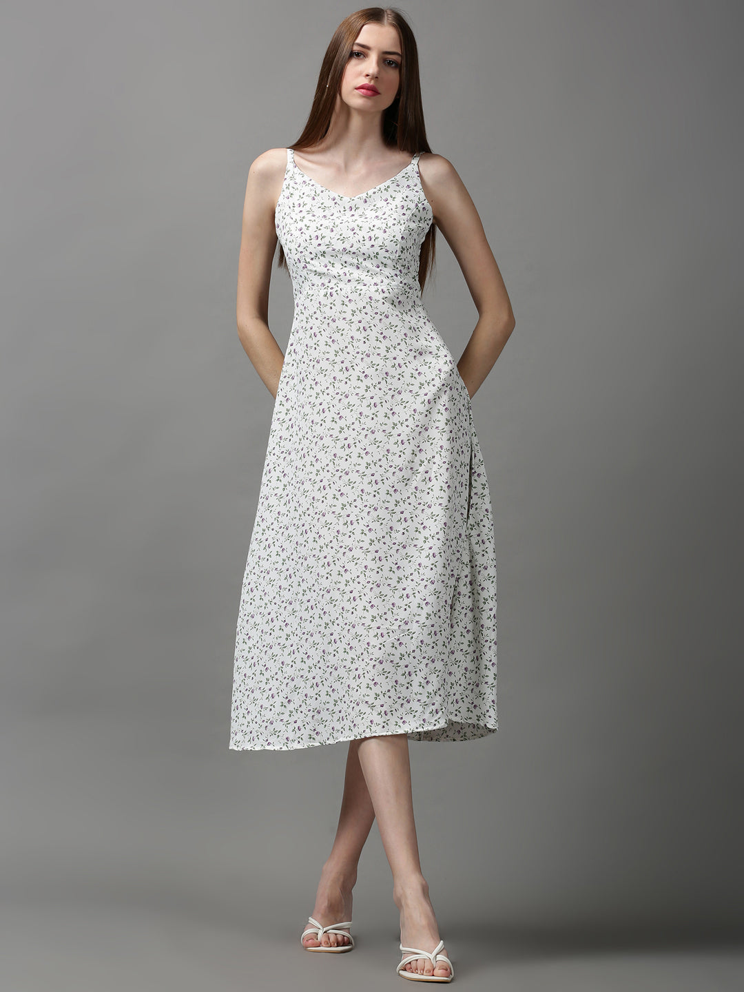 Women's White Printed A-Line Dress