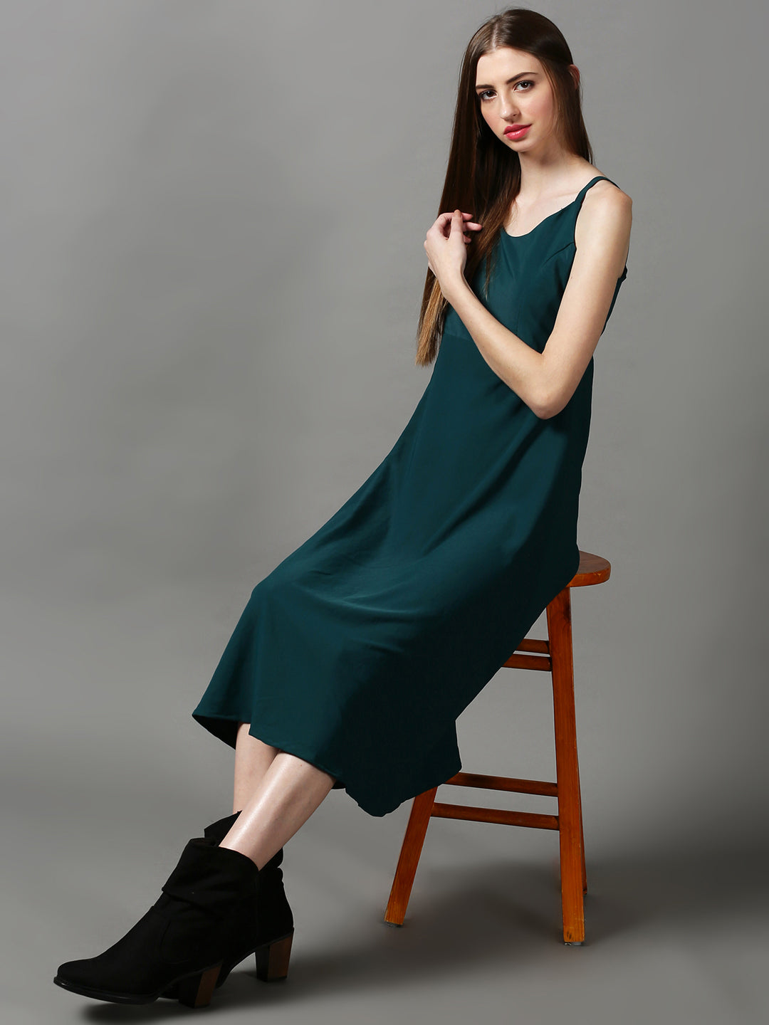 Women's Green Solid A-Line Dress