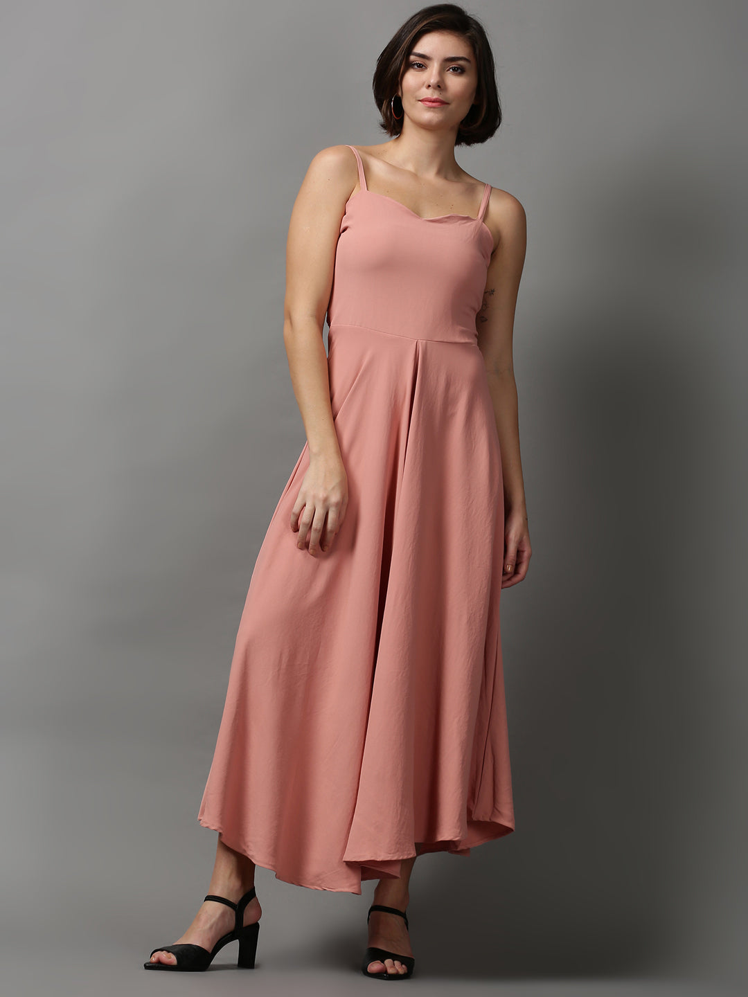 Women's Pink Solid Fit and Flare Dress