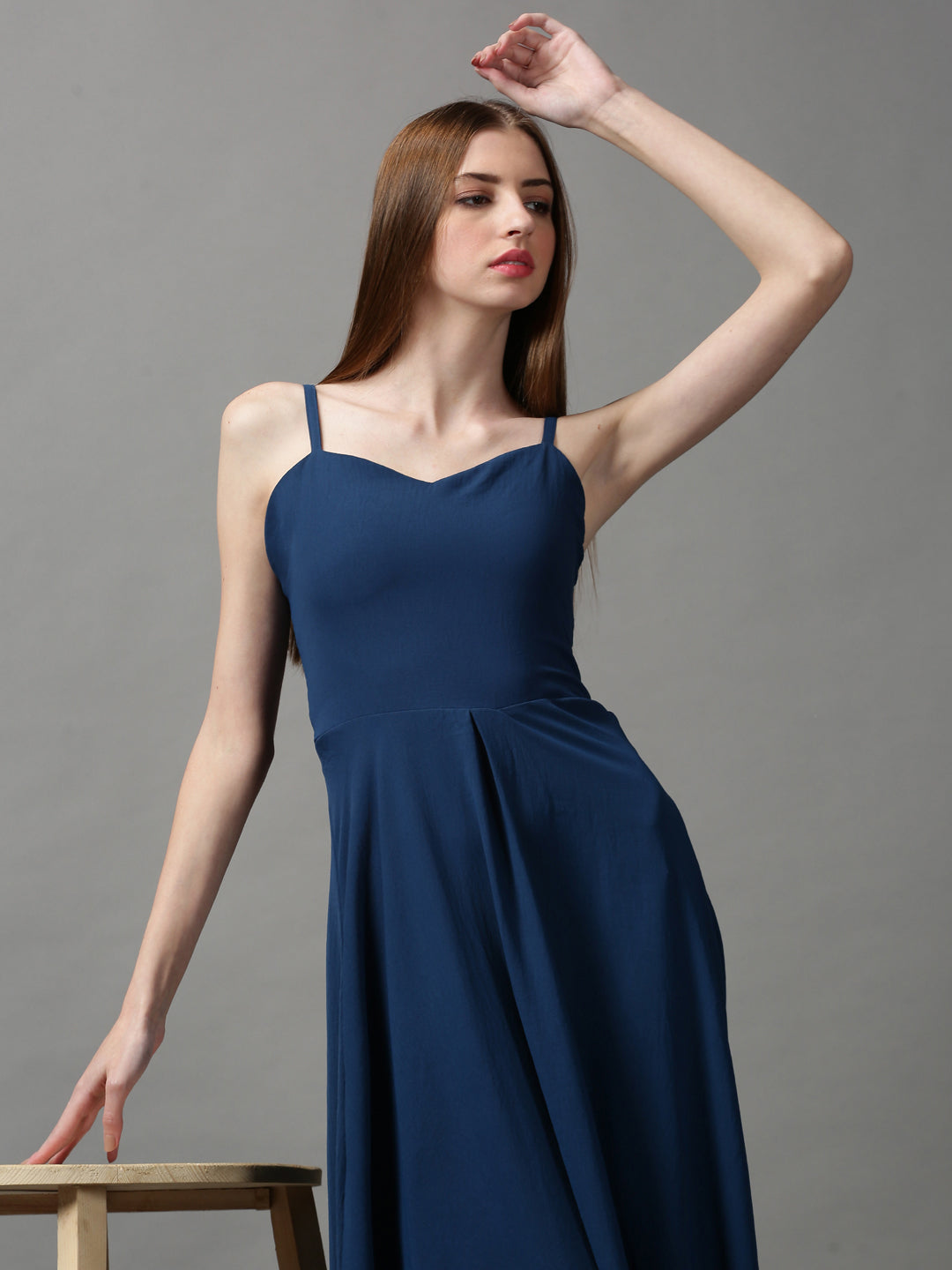 Women's Blue Solid Fit and Flare Dress