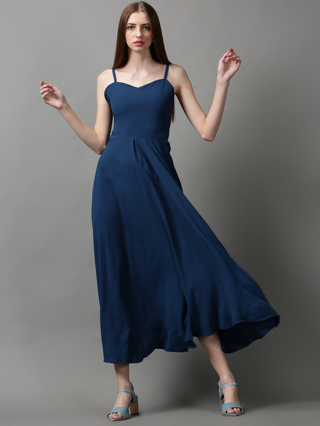 Women's Blue Solid Fit and Flare Dress