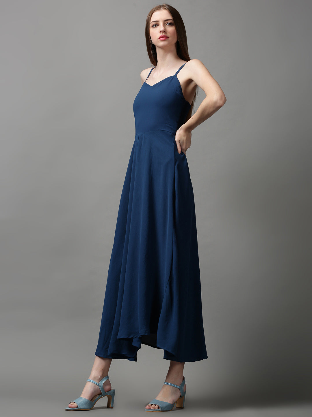 Women's Blue Solid Fit and Flare Dress