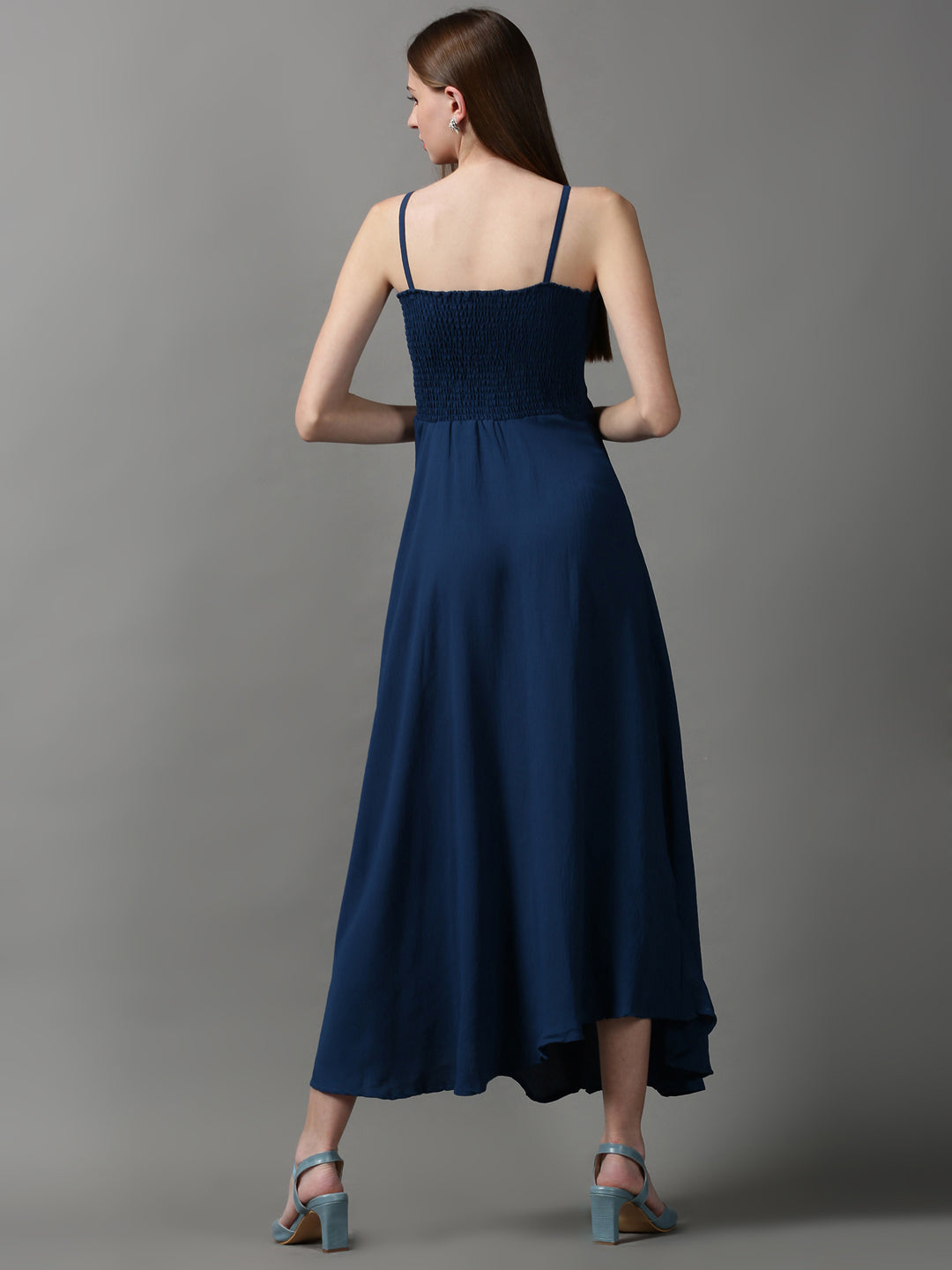 Women's Blue Solid Fit and Flare Dress