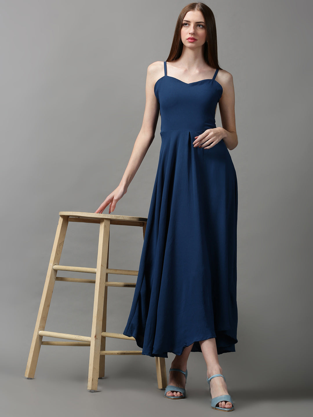 Women's Blue Solid Fit and Flare Dress