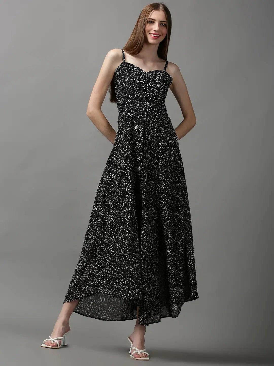 Women's Black Printed Fit and Flare Dress