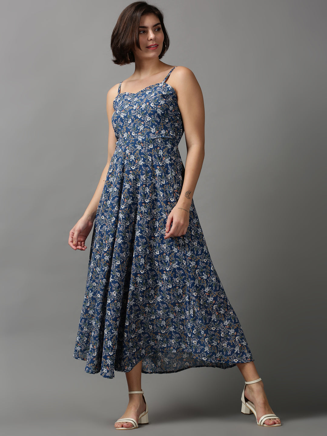 Women's Blue Printed Fit and Flare Dress