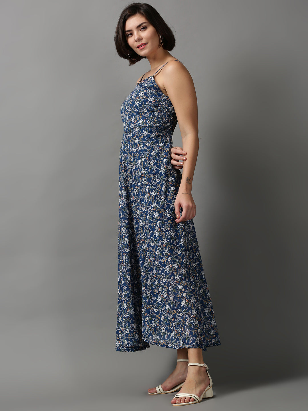 Women's Blue Printed Fit and Flare Dress