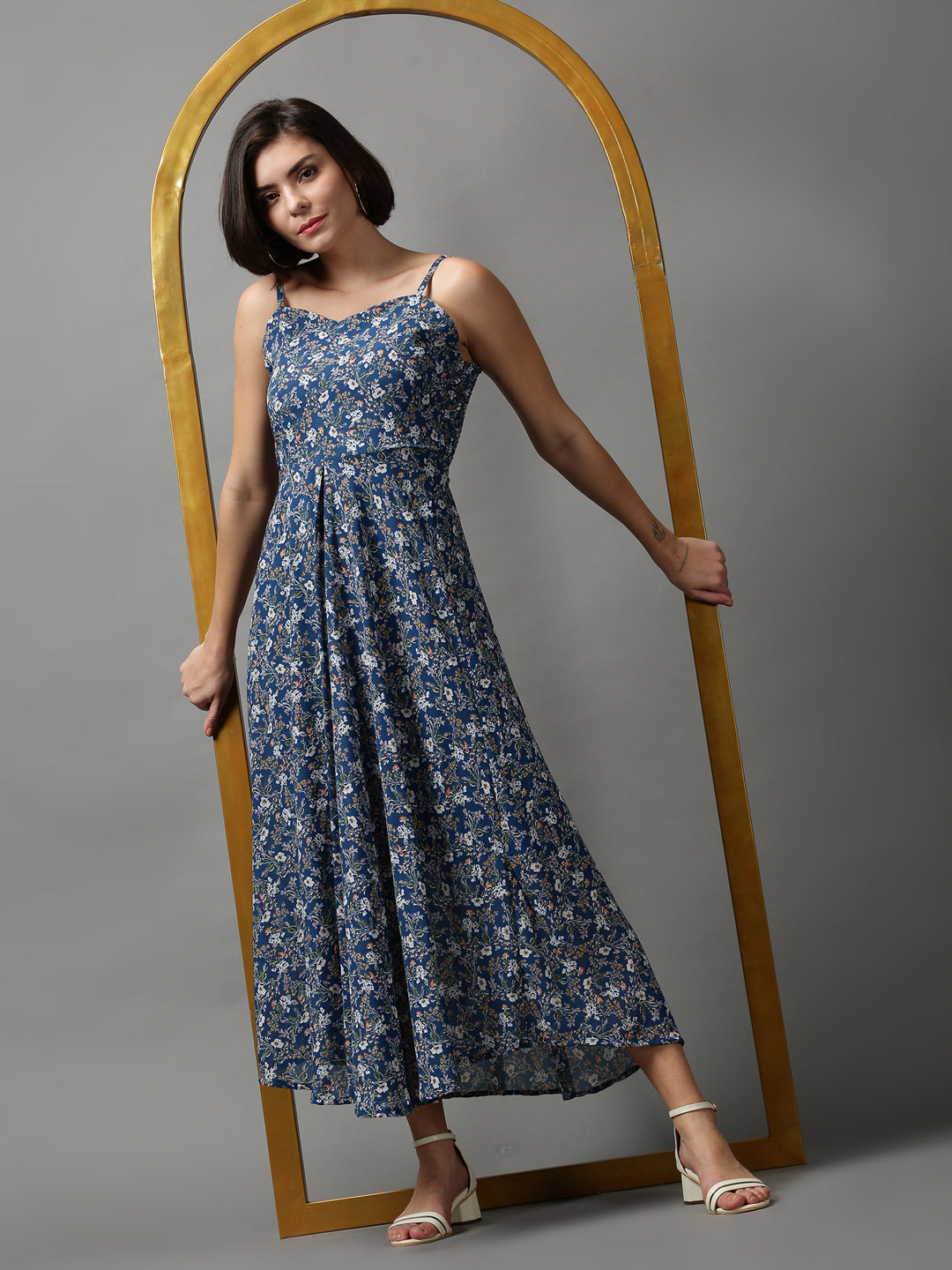 Women's Blue Printed Fit and Flare Dress