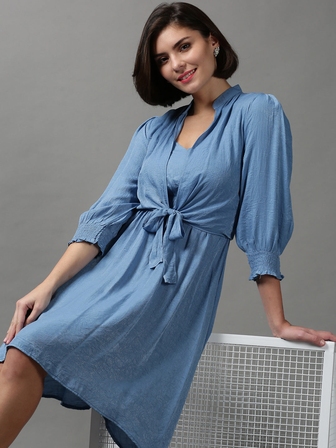 Women's Blue Solid Fit and Flare Dress