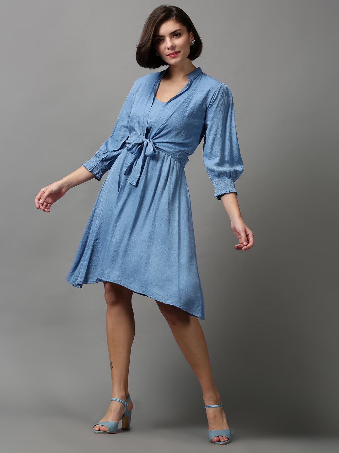 Women's Blue Solid Fit and Flare Dress