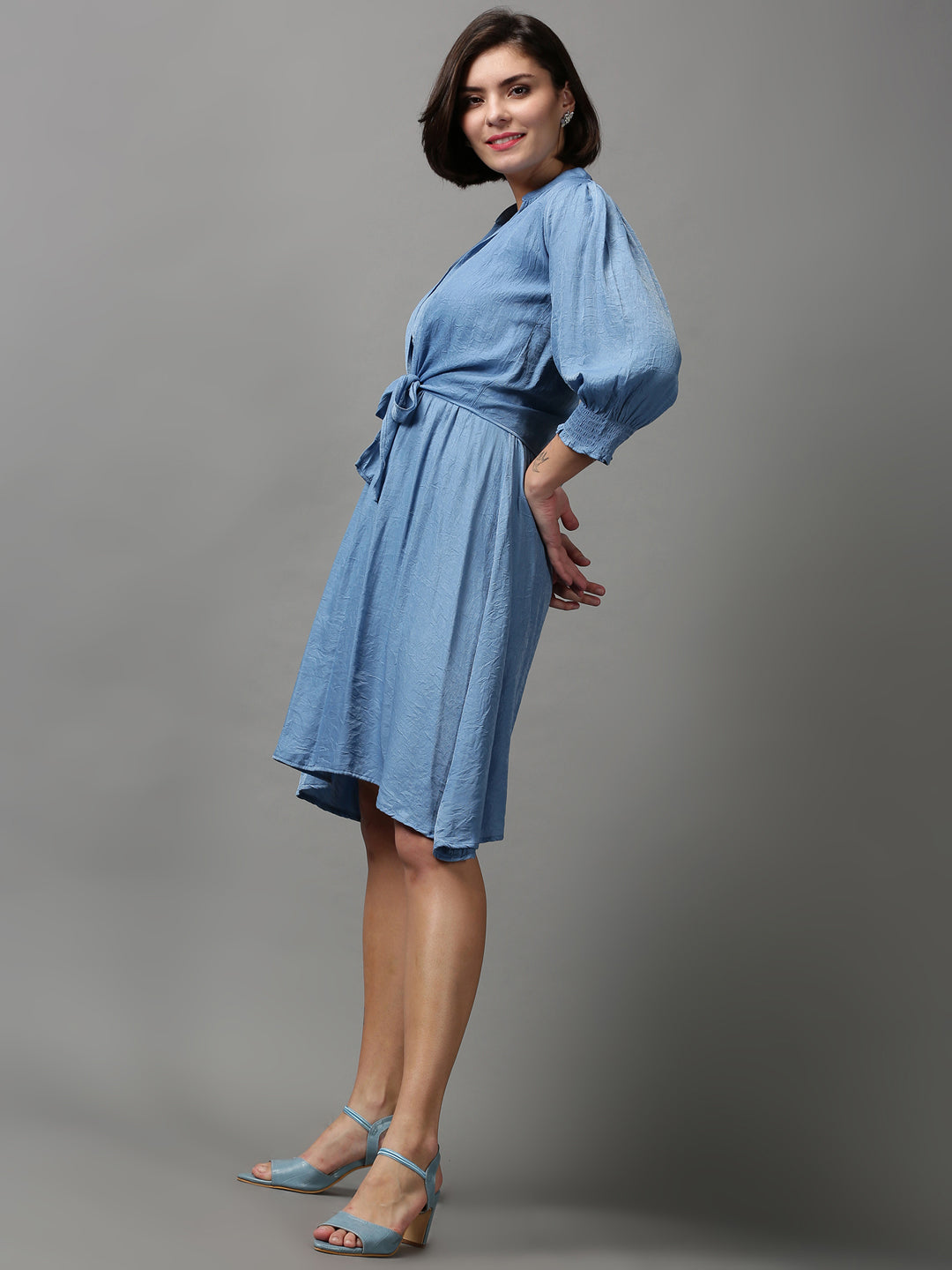 Women's Blue Solid Fit and Flare Dress