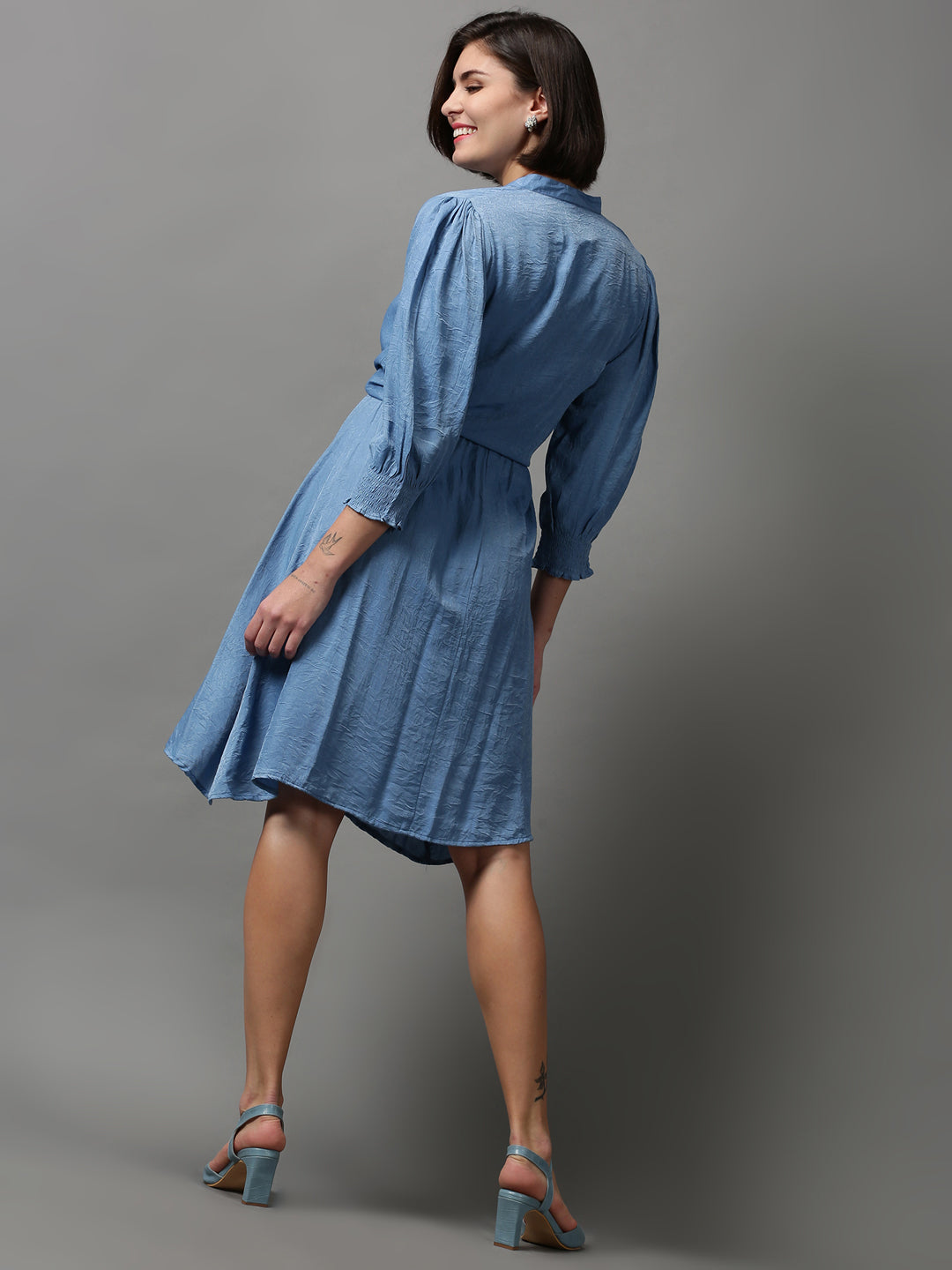 Women's Blue Solid Fit and Flare Dress