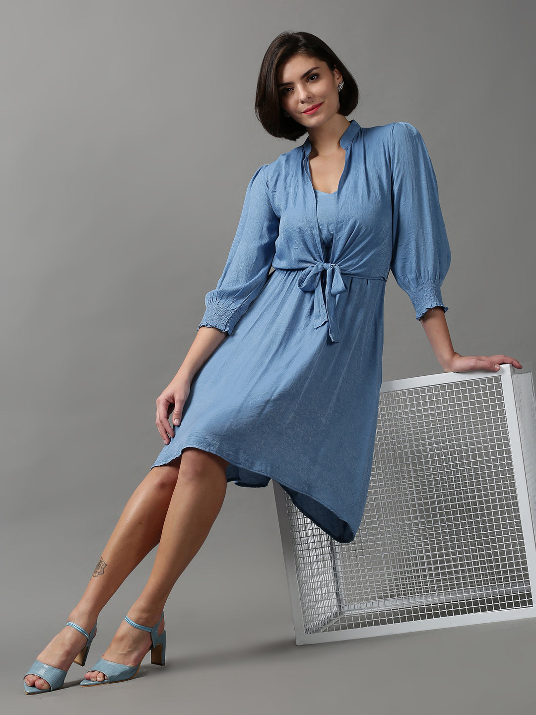 Women's Blue Solid Fit and Flare Dress