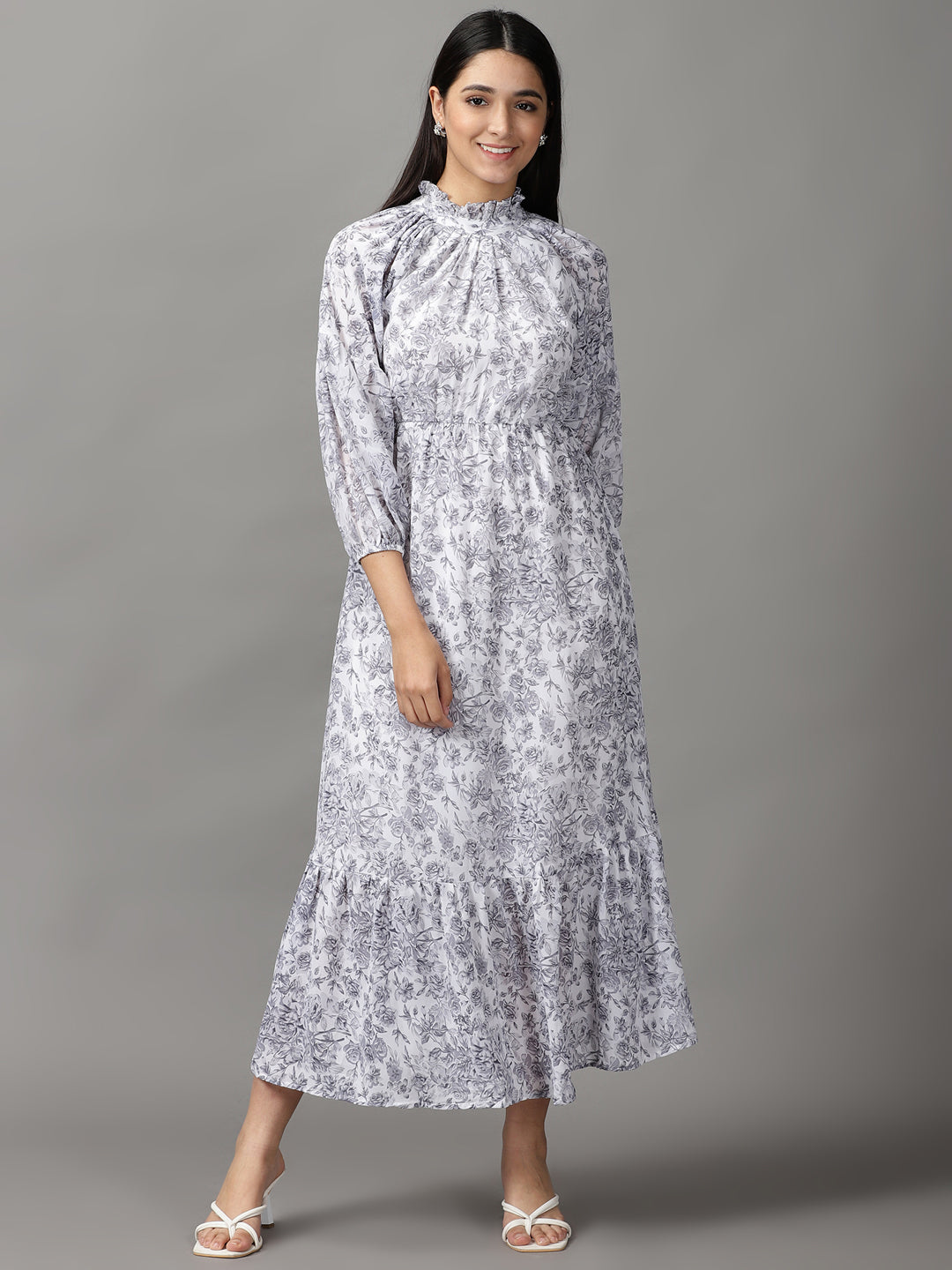 Women's White Floral Fit and Flare Dress