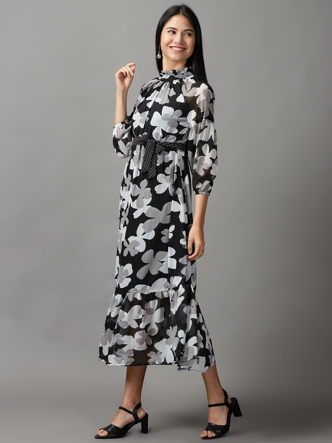 Women's Black Floral Fit and Flare Dress