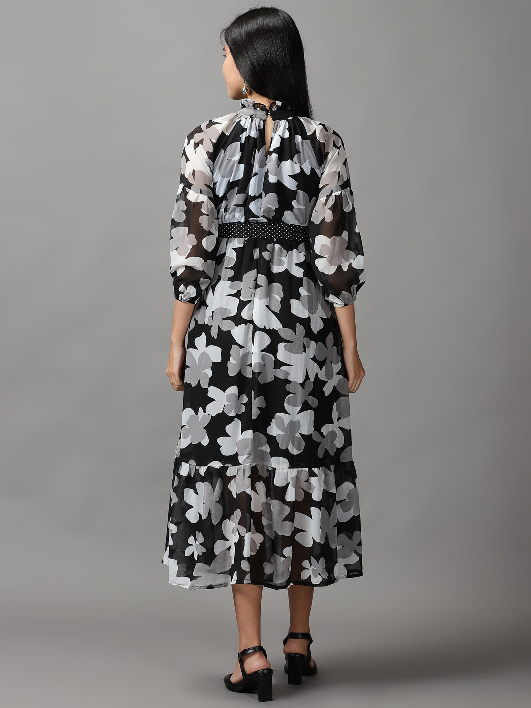 Women's Black Floral Fit and Flare Dress