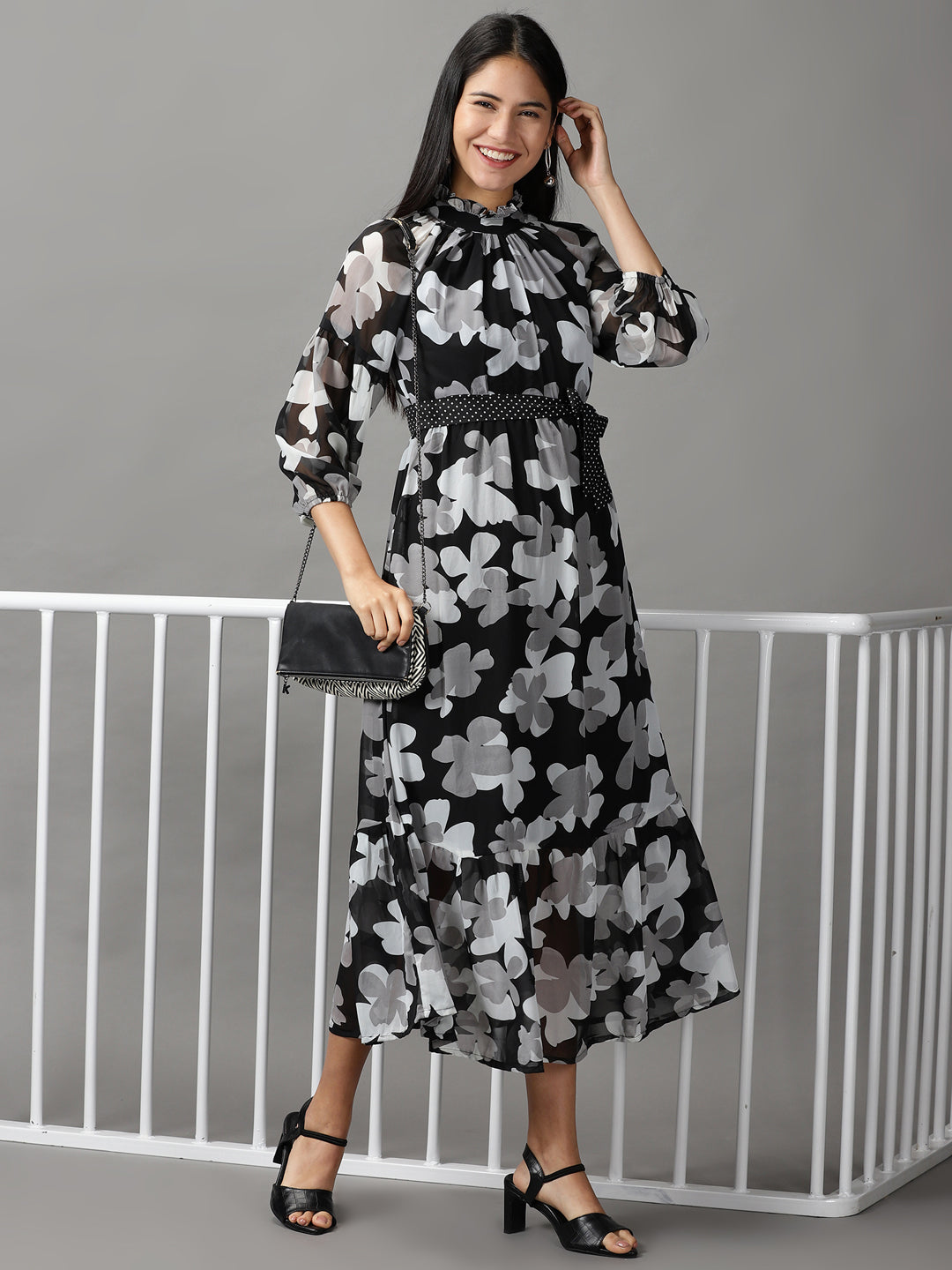 Women's Black Floral Fit and Flare Dress