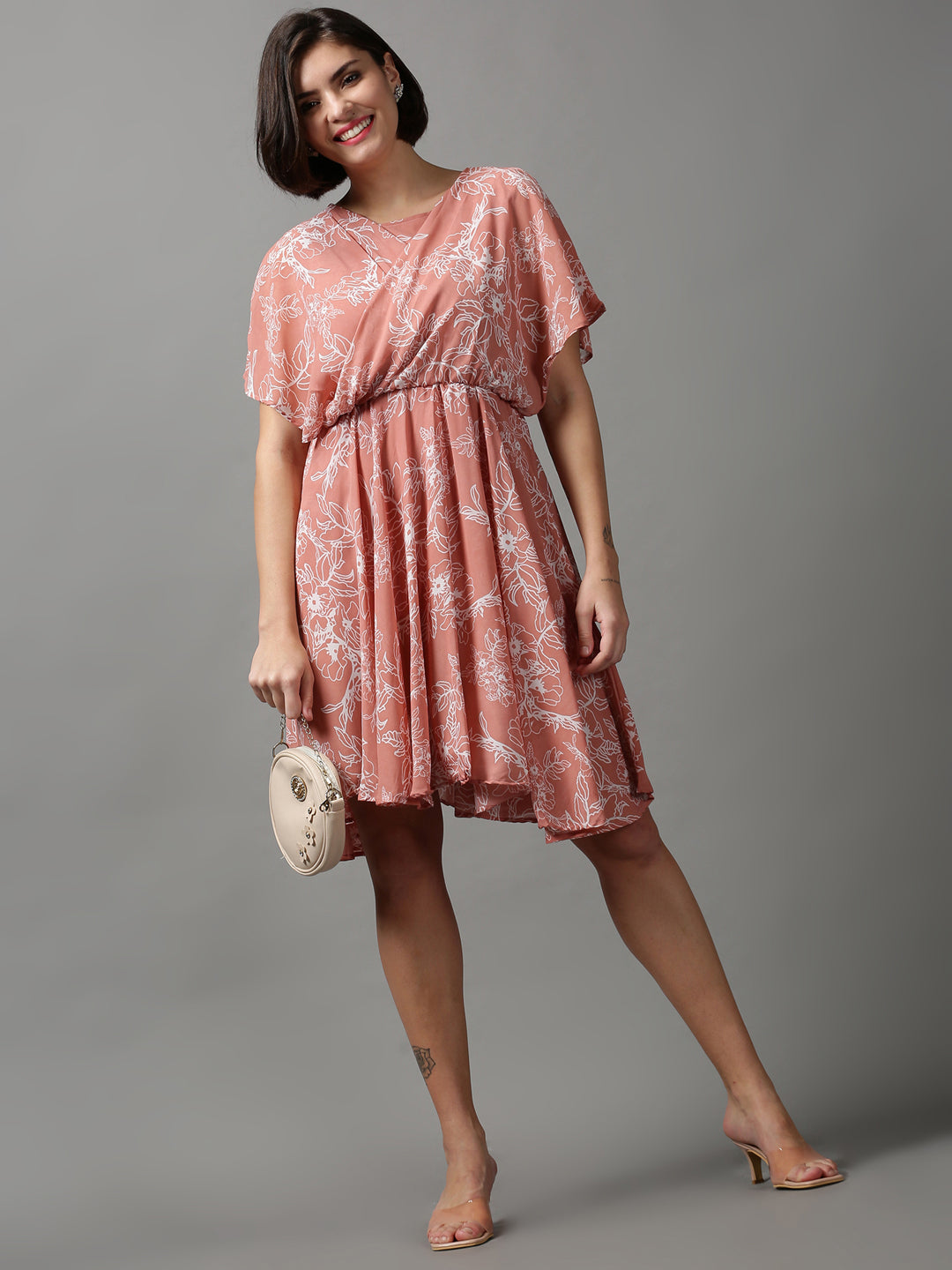 Women's Pink Printed Fit and Flare Dress