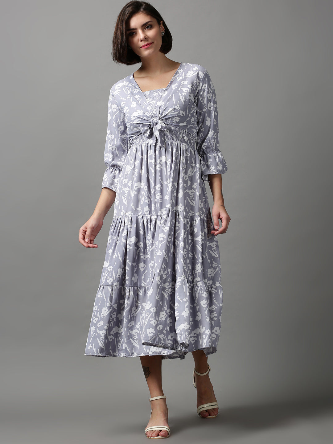 Women's Grey Printed Fit and Flare Dress