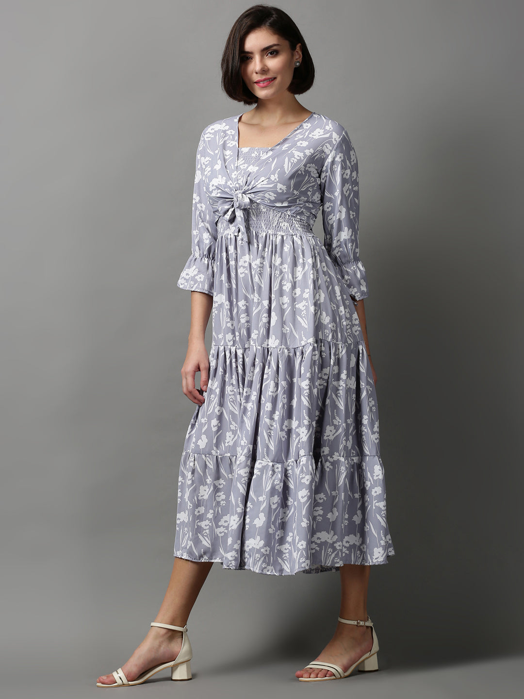 Women's Grey Printed Fit and Flare Dress