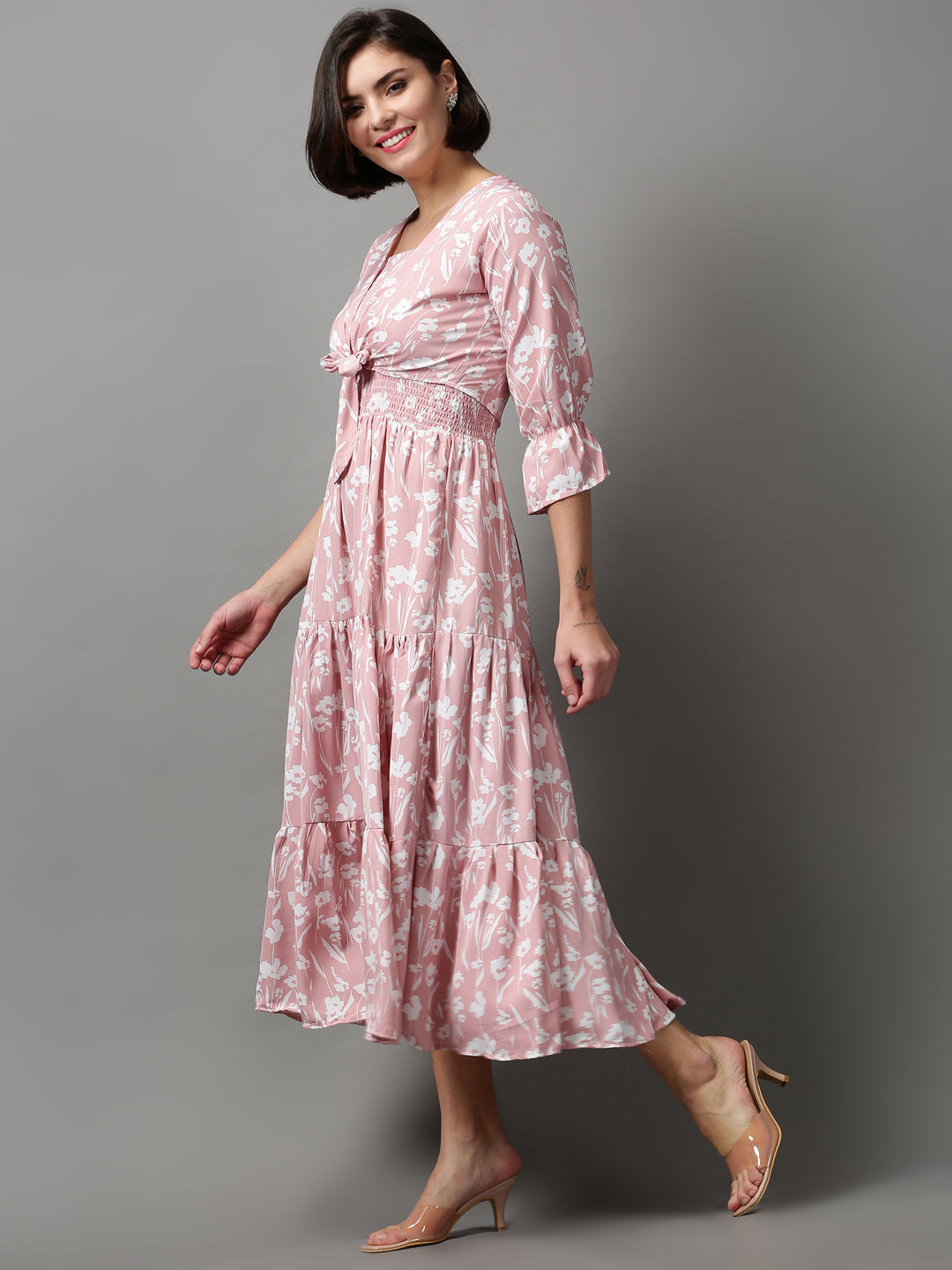 Women's Pink Printed Fit and Flare Dress