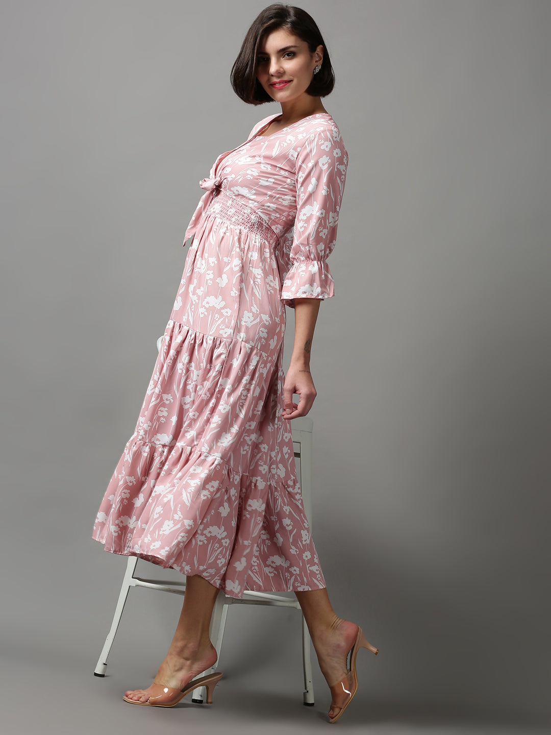 Women's Pink Printed Fit and Flare Dress