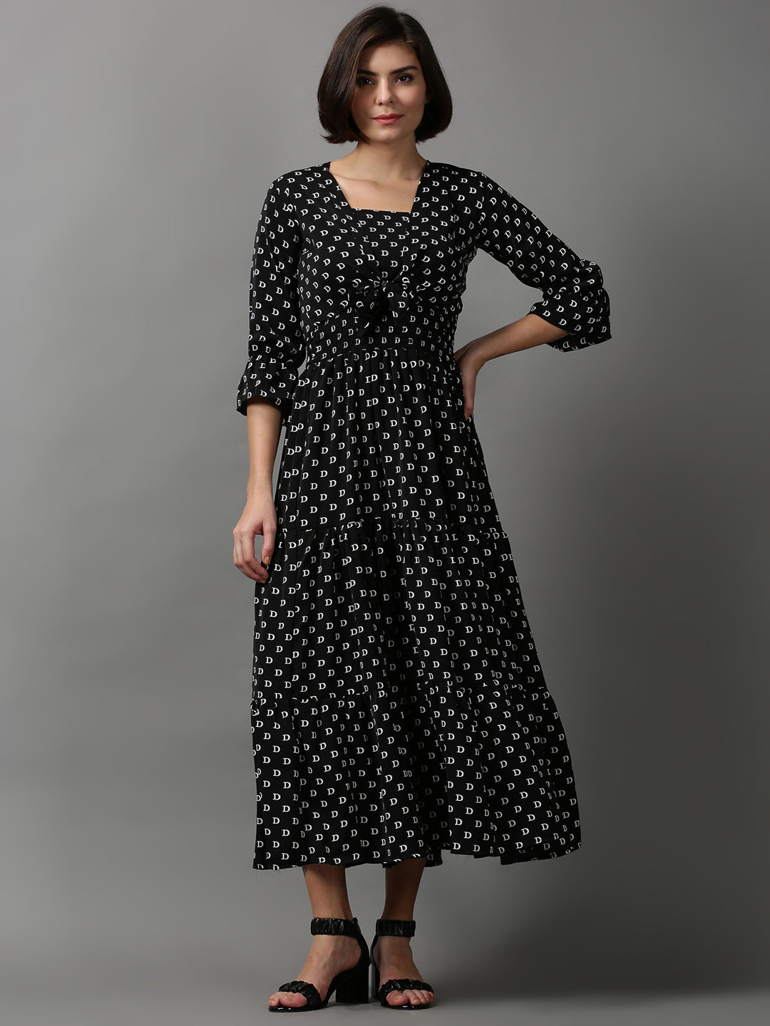 Women's Black Printed Fit and Flare Dress