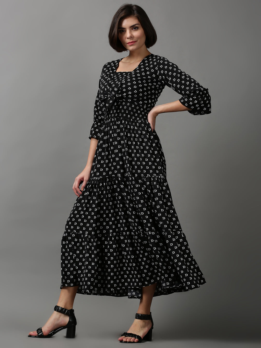 Women's Black Printed Fit and Flare Dress