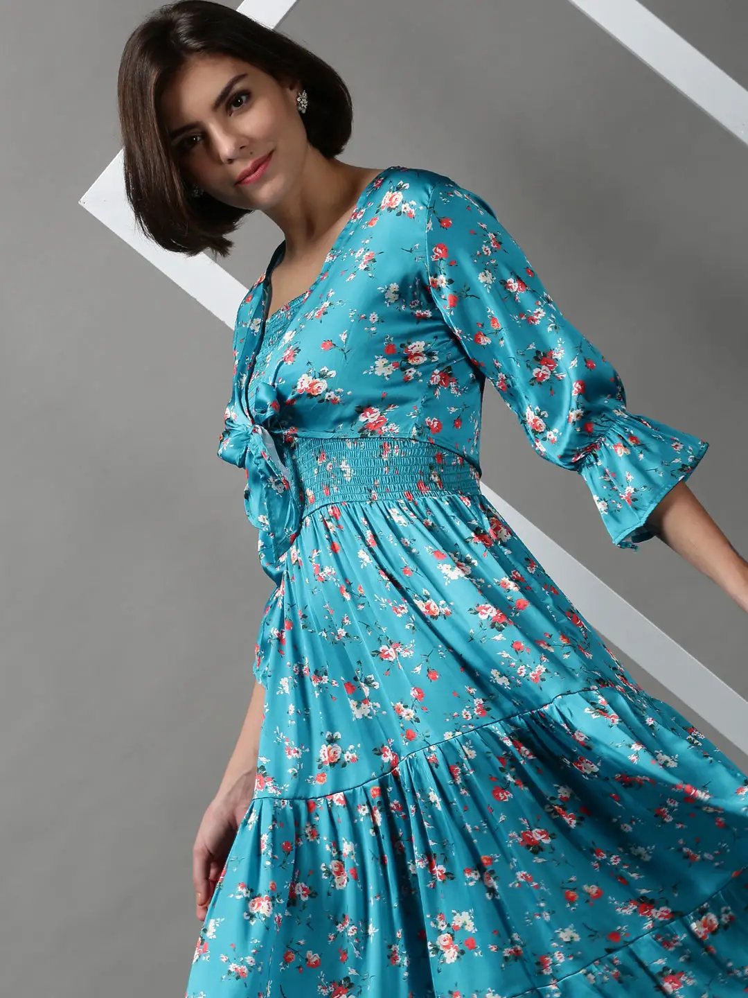 Women's Turquoise Blue Floral Satin Maxi Dress Women's Turquoise Blue Floral Satin Maxi Dress
