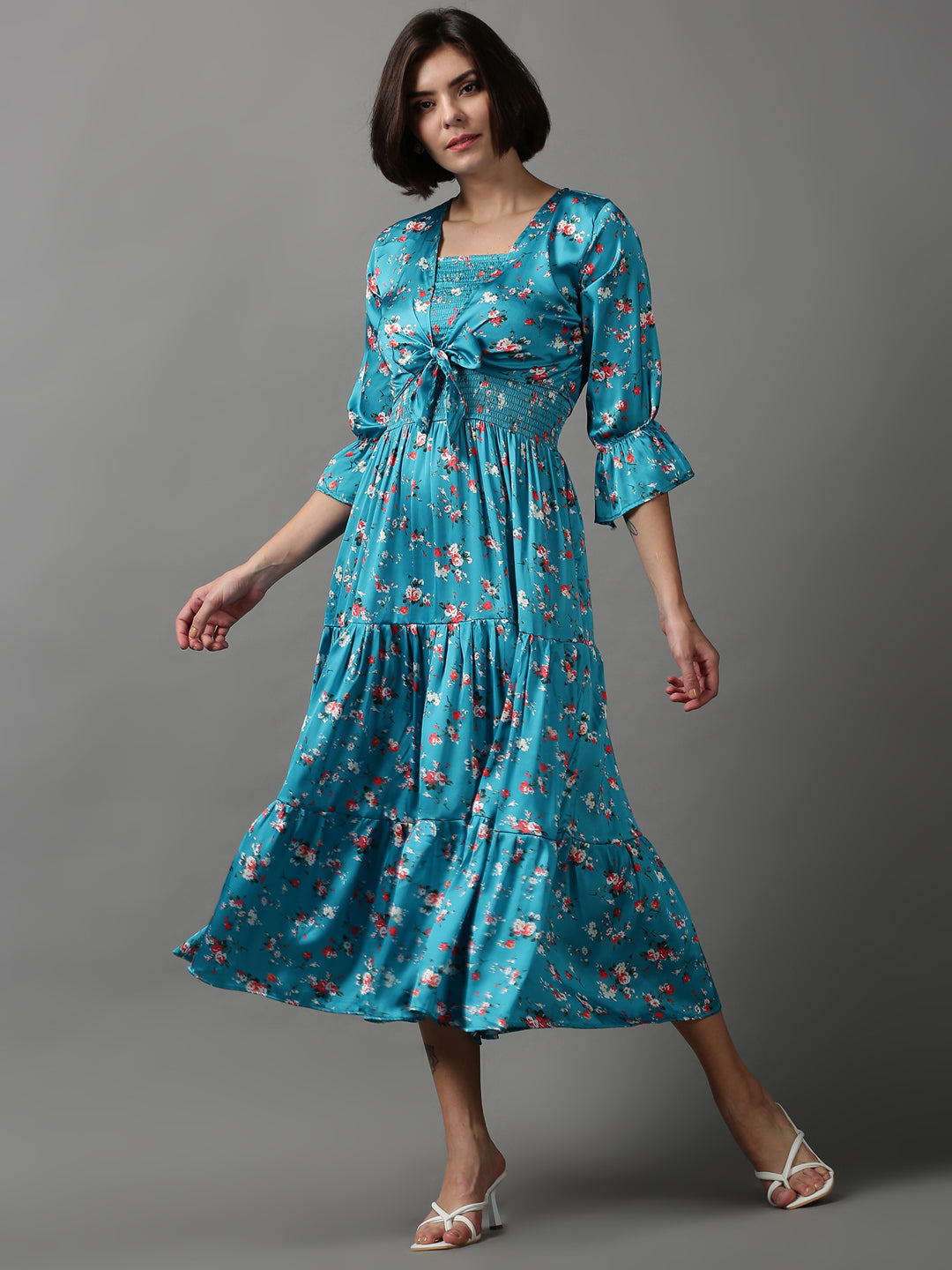 Women's Blue Printed Fit and Flare Dress