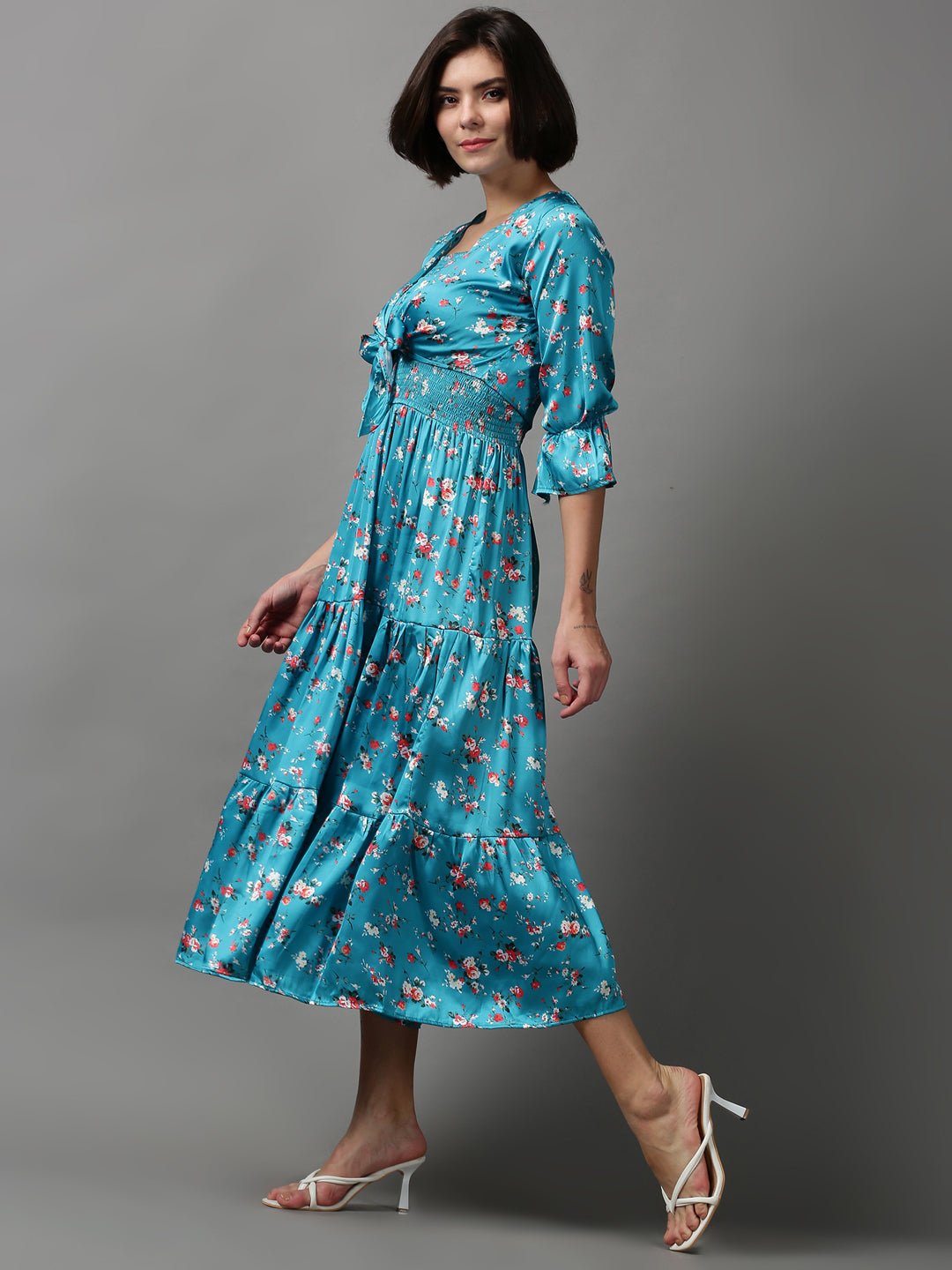 Women's Blue Printed Fit and Flare Dress