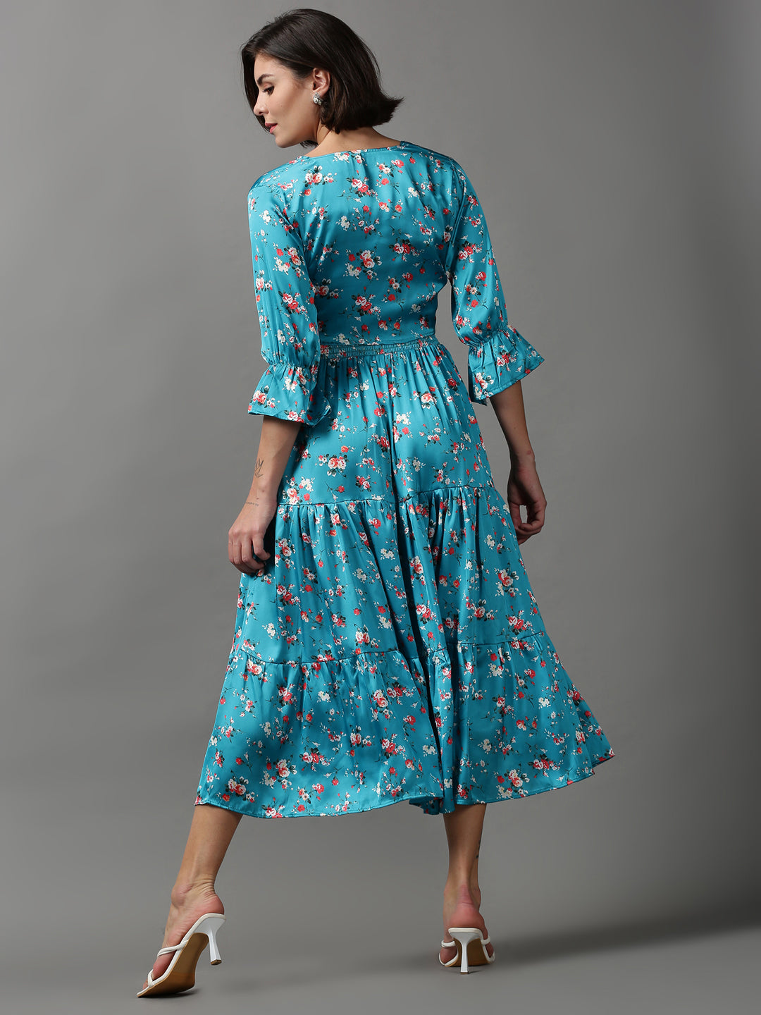 Women's Blue Printed Fit and Flare Dress