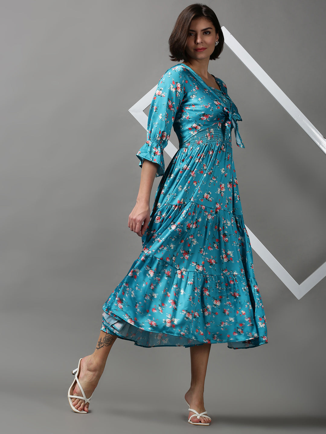 Women's Blue Printed Fit and Flare Dress