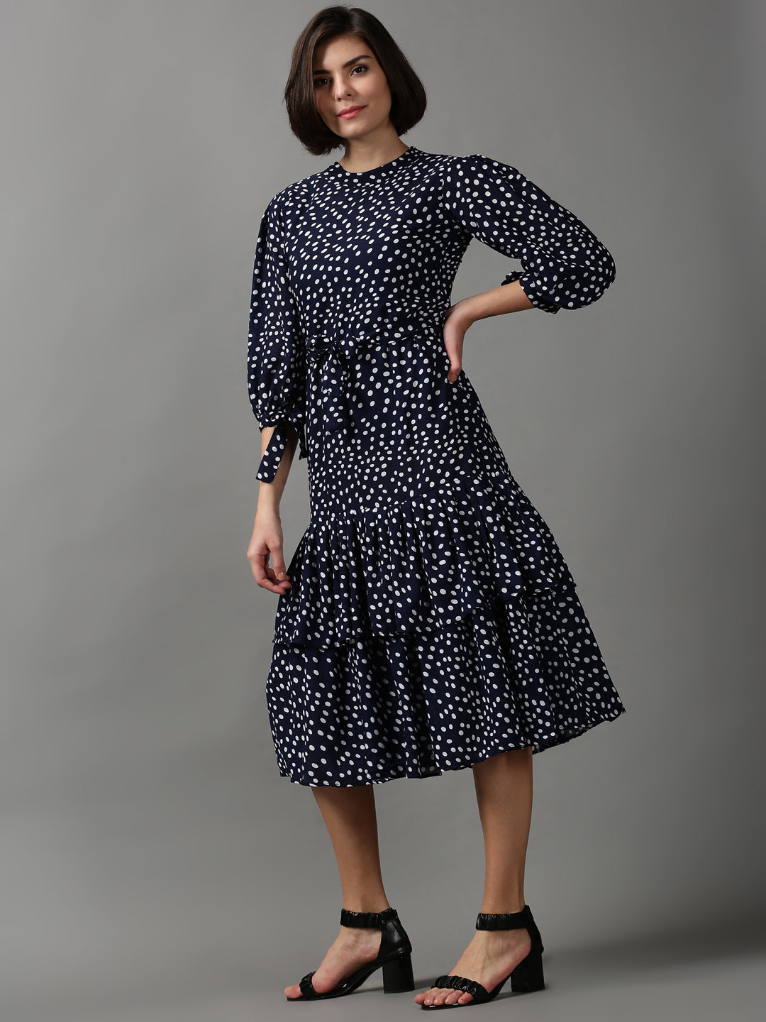 Women's Blue Printed Drop-Waist Dress