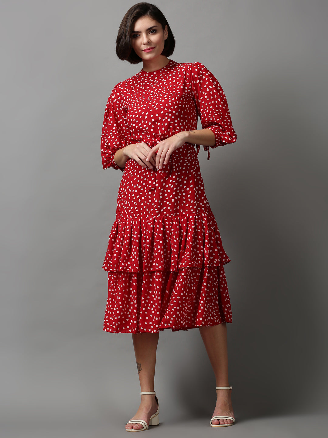 Women's Red Printed Drop-Waist Dress