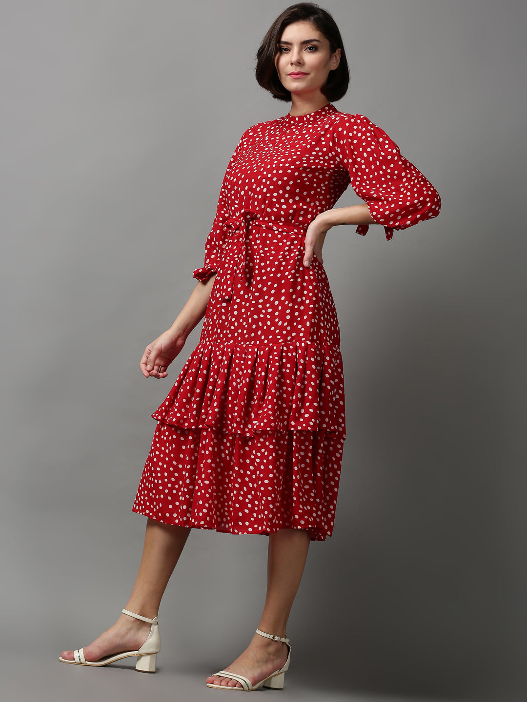 Women's Red Printed Drop-Waist Dress