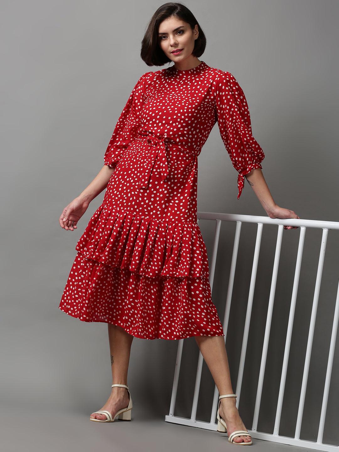 Women's Red Printed Drop-Waist Dress