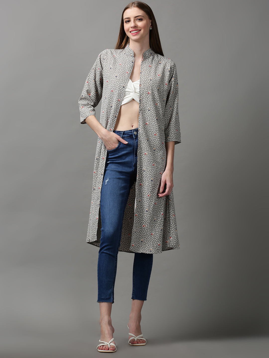 Women's Grey Printed Longline Shrug