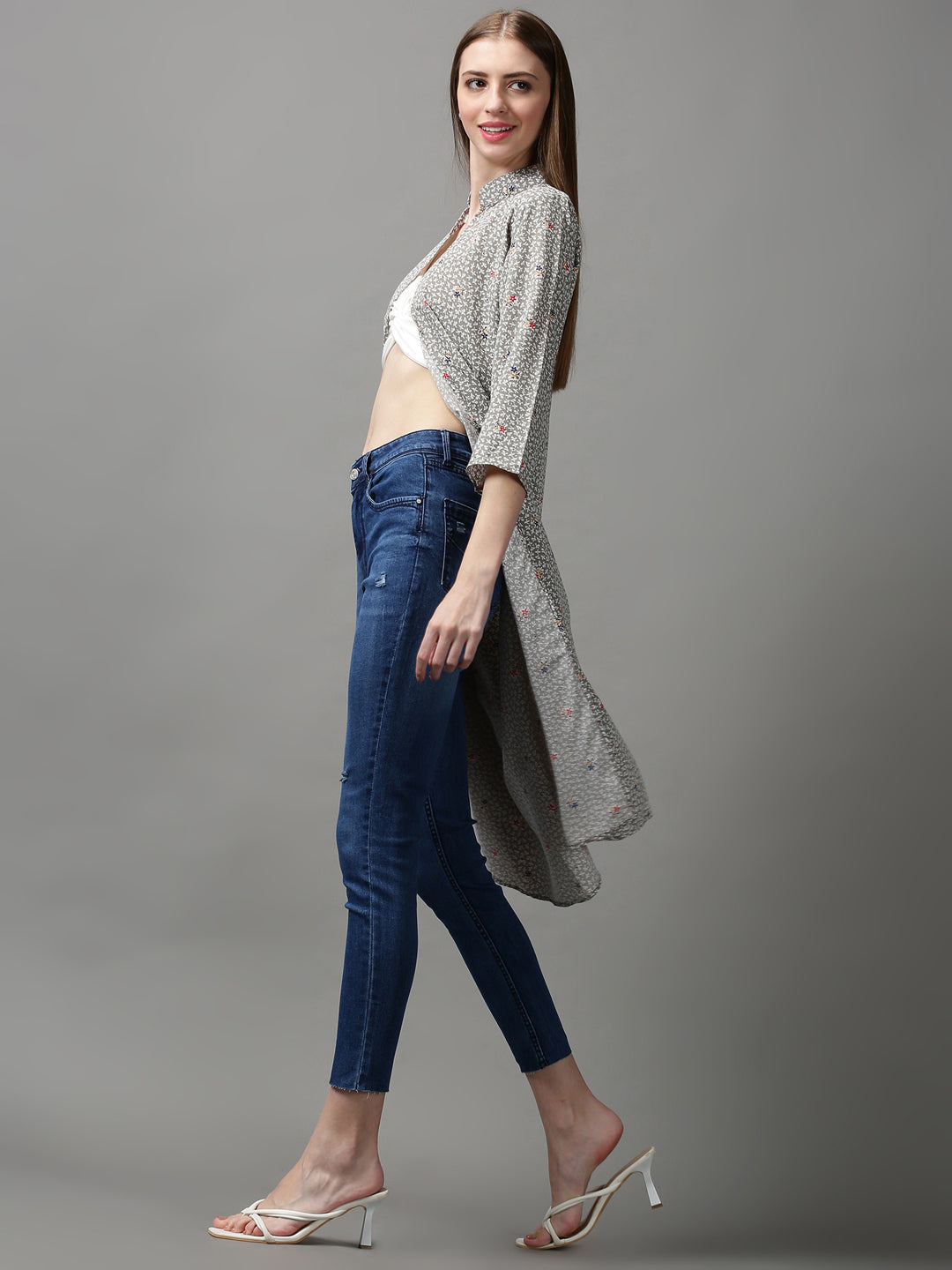 Women's Grey Printed Longline Shrug