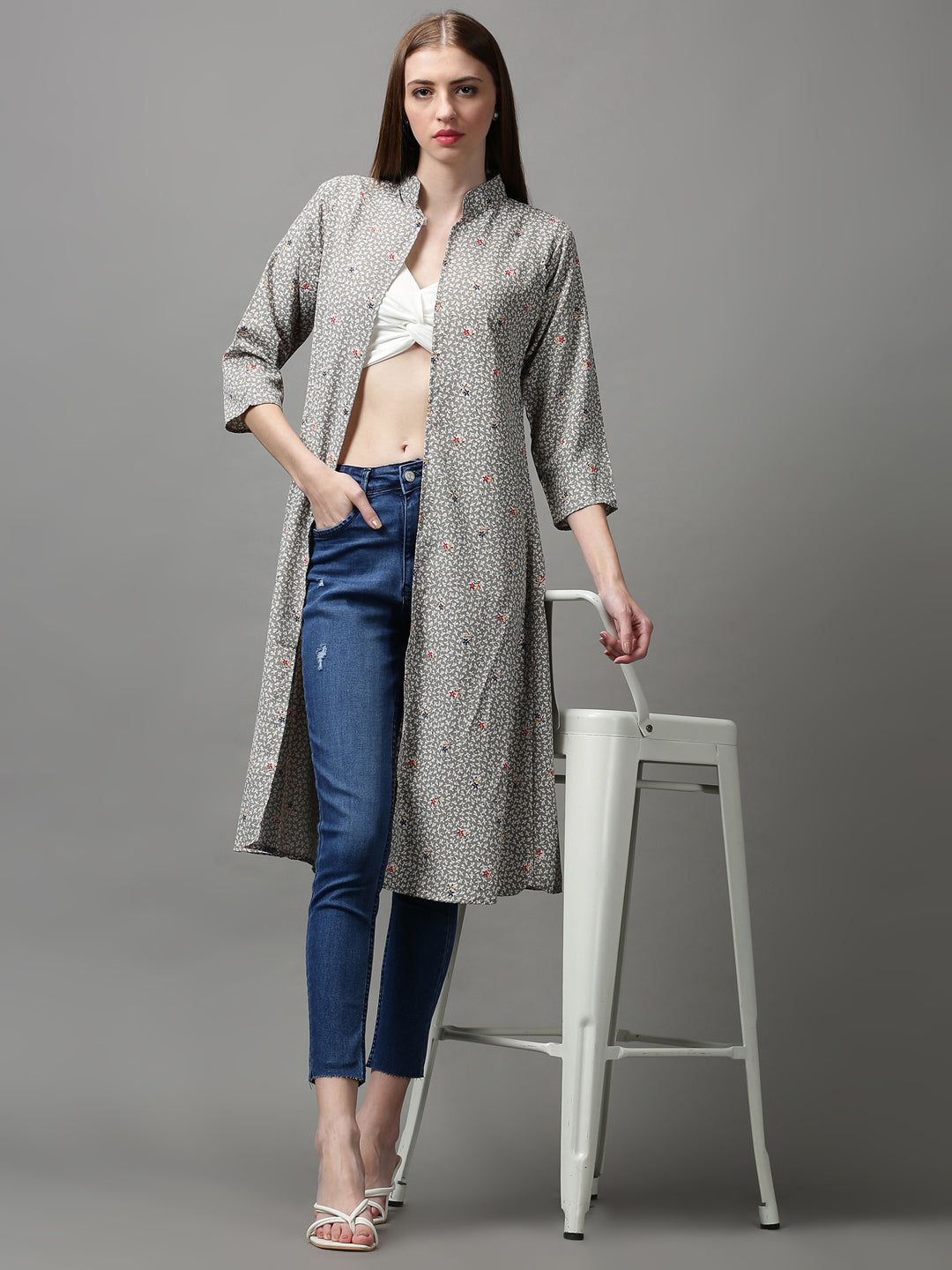 Women's Grey Printed Longline Shrug