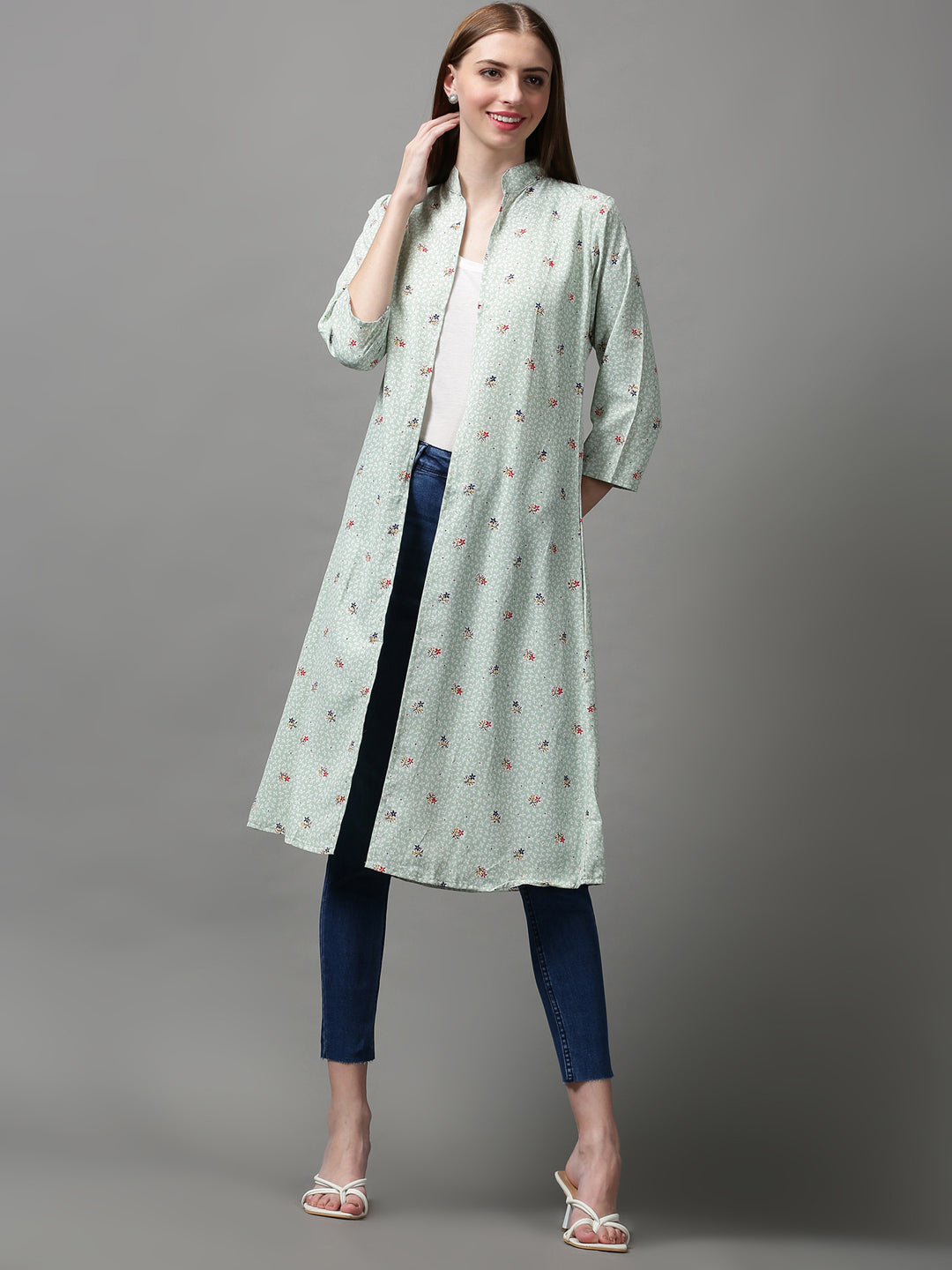 Women's Green Printed Longline Shrug