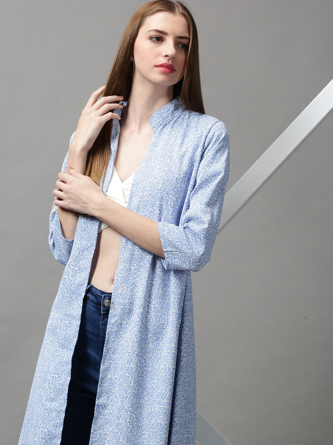 Women's Blue Printed Longline Shrug