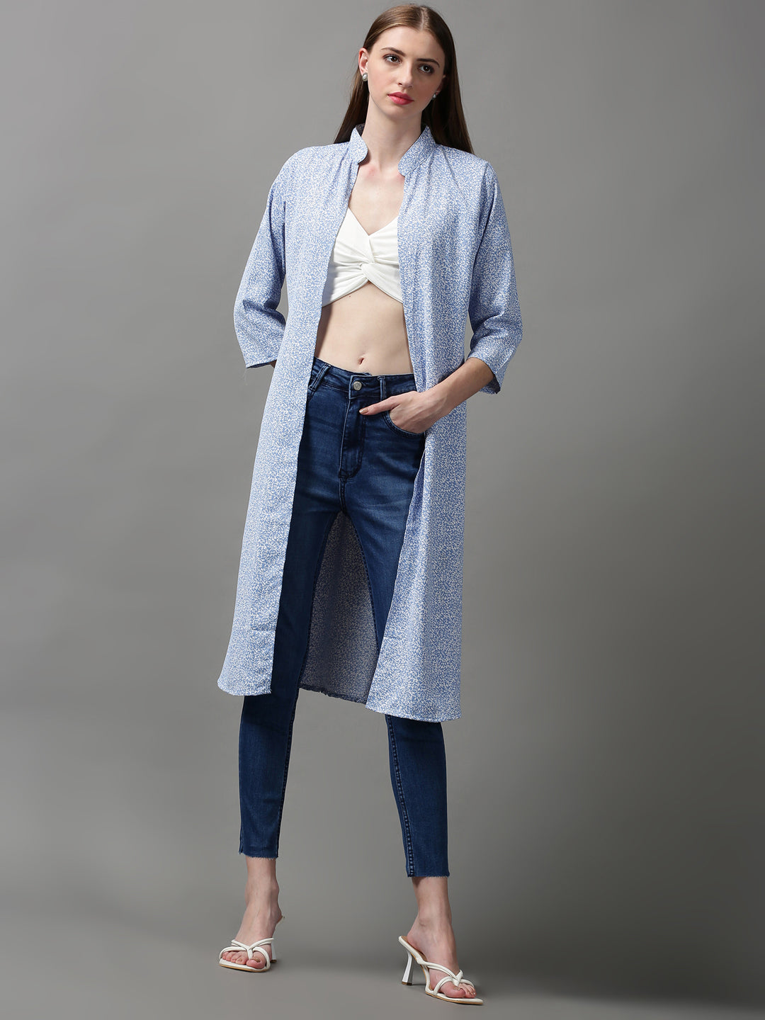 Women's Blue Printed Longline Shrug