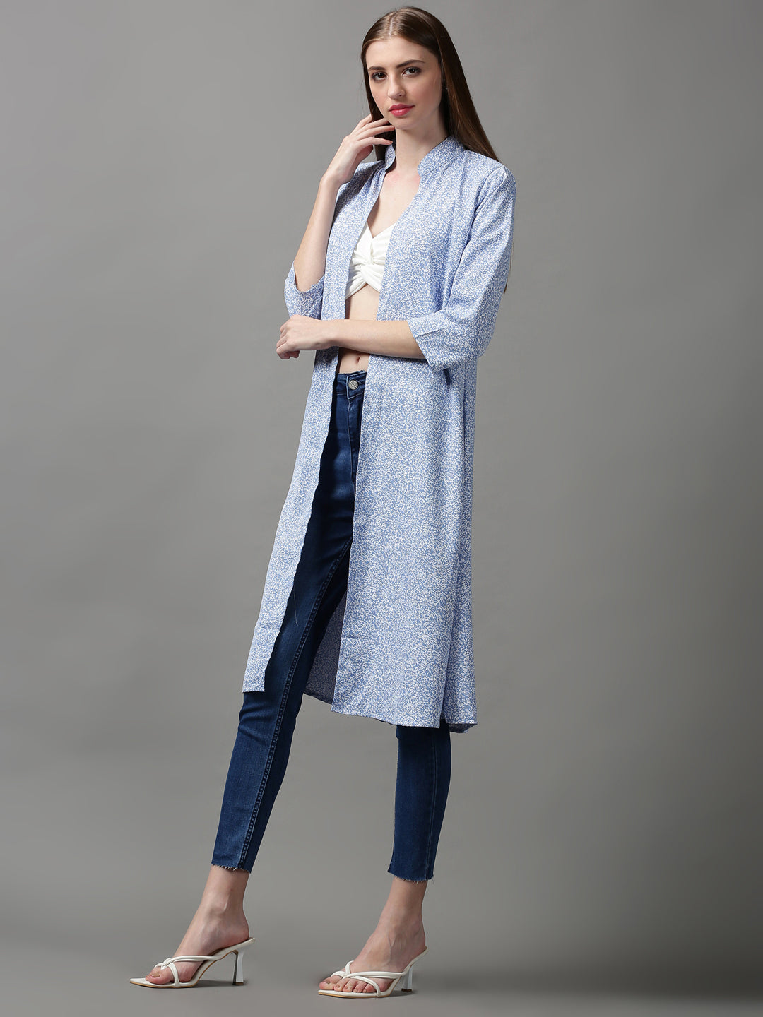 Women's Blue Printed Longline Shrug